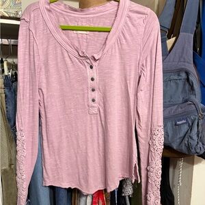 Free People Dusty Rose Crochet Sleeve Henley Top